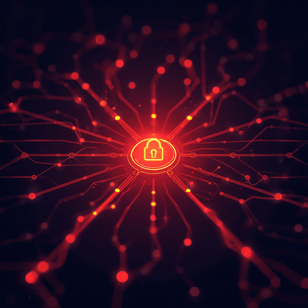 An abstract visualization of secure data flow between a smart digital assistant and connected systems, glowing network lines on dark background